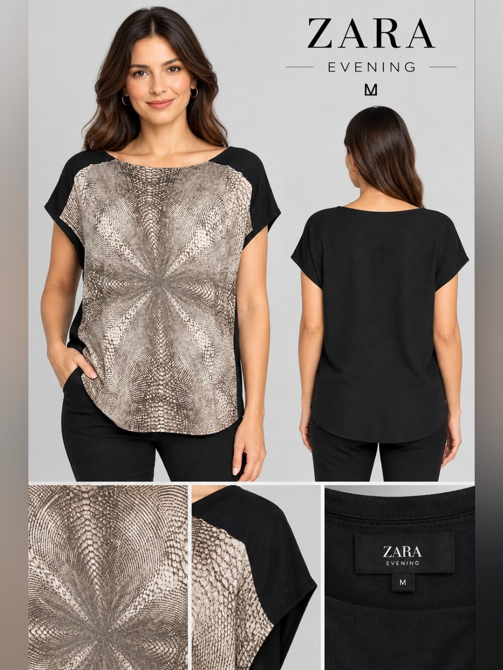 Zara Evening Black/White Snakeskin Print Drape Front Cap Sleeve Blouse M